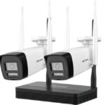 Hikvision Wi-Fi-6-Überwachungsset 4 MP – 2 Funk-Bullet-Kameras + 4-Kanal-NVS-Rekorder (128-GB-Karte gratis) | Plug & Play ohne Videokabel (NKS424W0H)