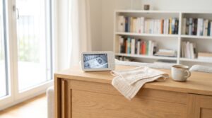 Babyphone-Monitor mit Bild des schlafenden Babys auf einem Holzmöbel im Wohnzimmer