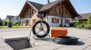Rohrkamera mit Kabeltrommel an einem Kanalschacht vor einem Wohnhaus