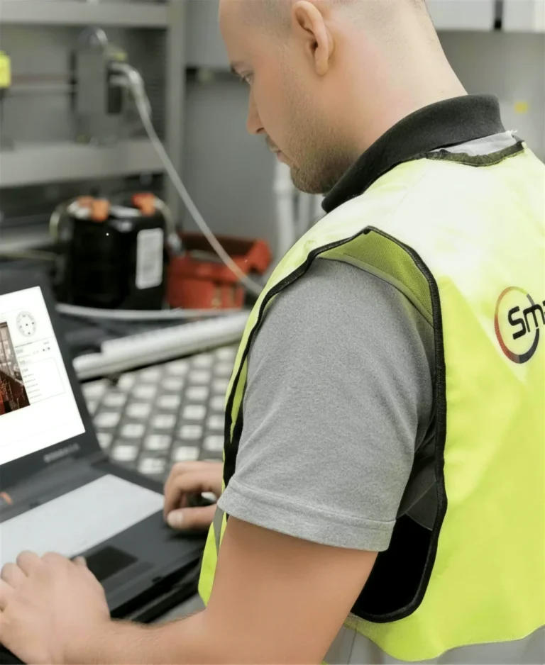 Smart-Cam-Techniker bei der Einrichtung am Laptop