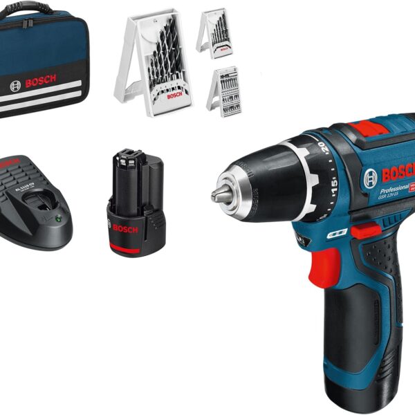Bosch Professional GSR 12V-15 Akku-Bohrschrauber, 30 Nm, 2 Akkus, 39-teiliges Set
