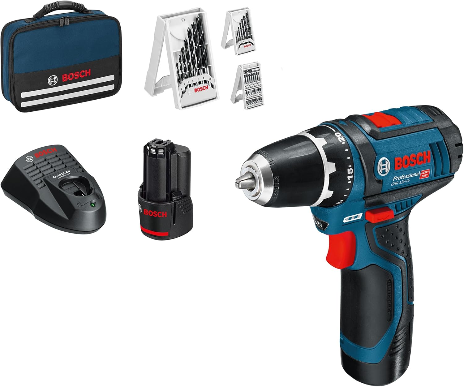 Bosch Professional GSR 12V-15 Akku-Bohrschrauber, 30 Nm, 2 Akkus, 39-teiliges Set