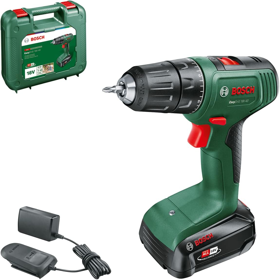Bosch EasyDrill 18V-40 Akkuschrauber, 13-mm-Bohrfutter, 20 Drehmomentstufen, Koffer