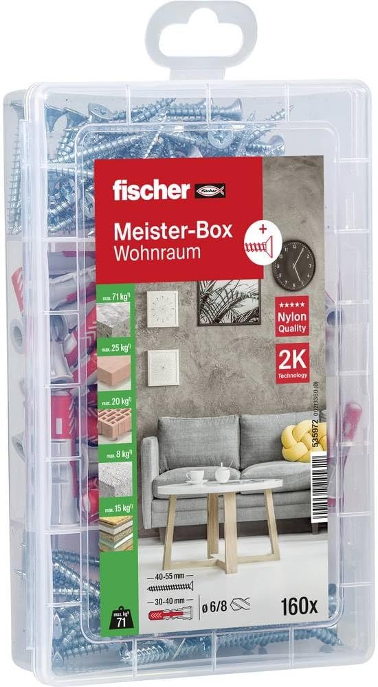 fischer Meister-Box Wohnraum, 160-teiliges Dübel- und Schraubenset DuoPower