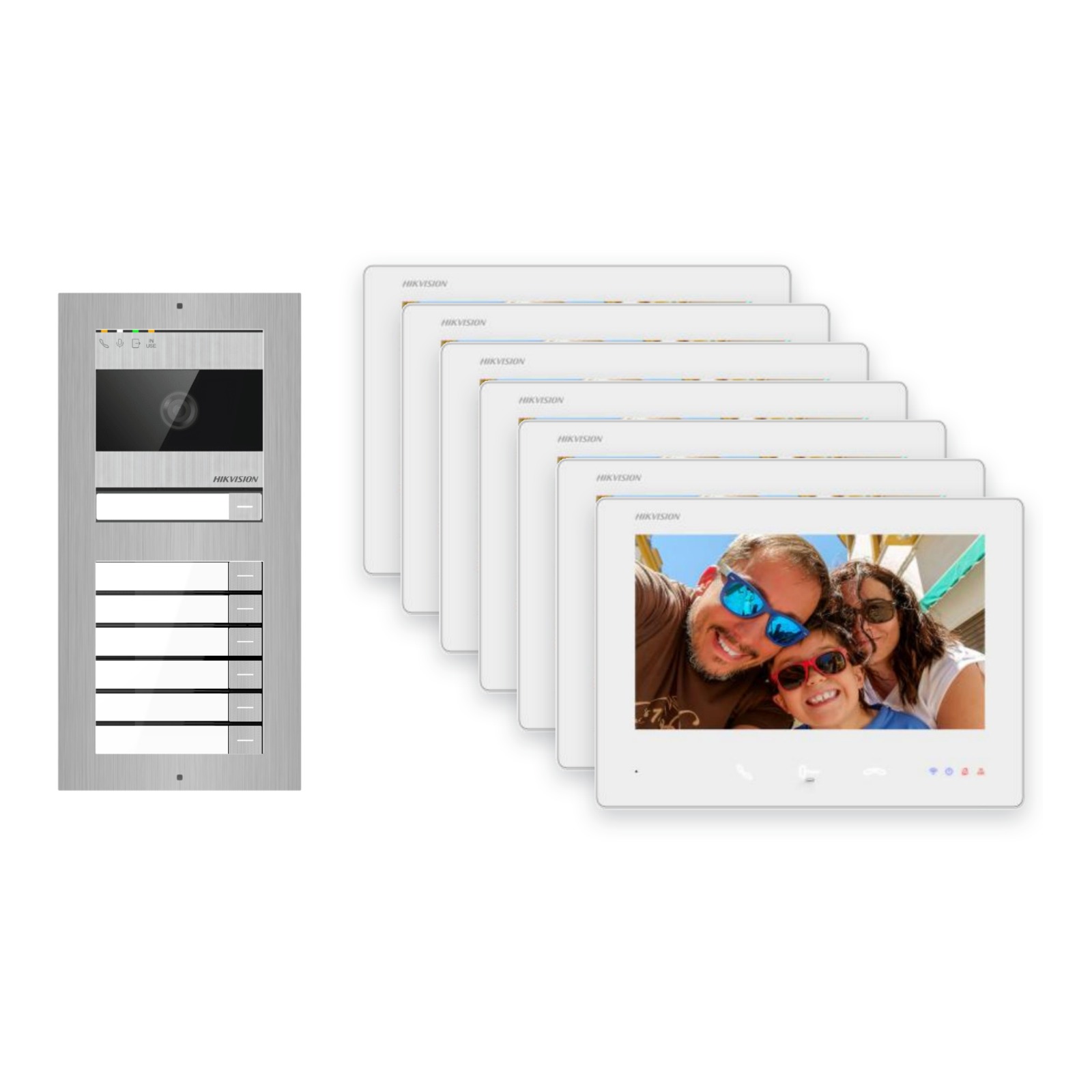 2-Draht-Bus Video-Türsprechanlage Set · 2-Modul Aufputz Edelstahl · Klingel · 7× Monitor 2-Draht-Bus Video-Türsprechanlage Set · 2-Modul Aufputz Edelstahl · Klingel · 7× Monitor – Türstation, Innenstation und Smartphone-App