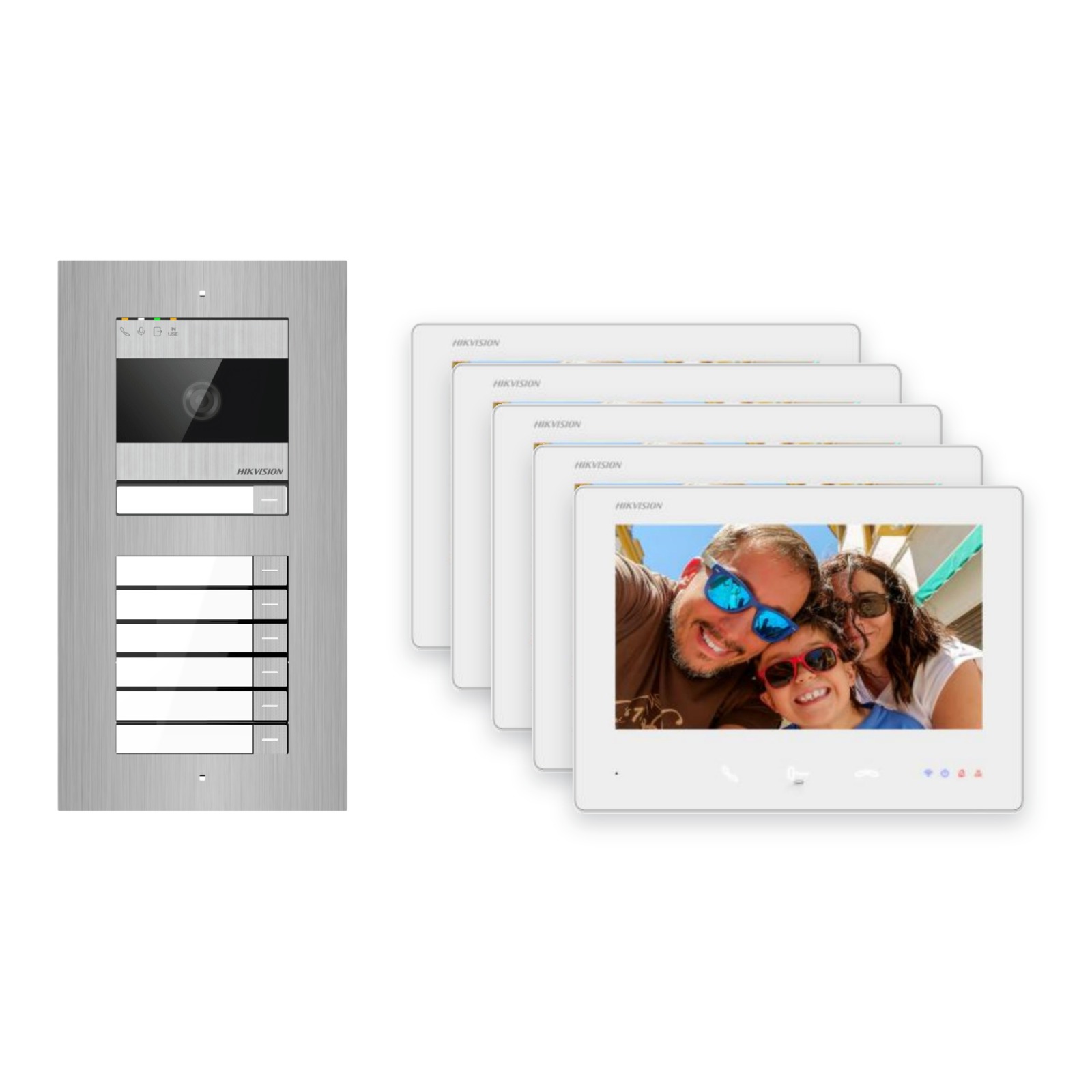 Hikvision 2-Draht-Bus Video-Türsprechanlage 5-Familienhaus – Komplett-Set Edelstahl, Unterputz Hikvision 2-Draht-Bus Video-Türsprechanlage 5-Familienhaus – Komplett-Set Edelstahl, Unterputz – Türstation und Innenstation