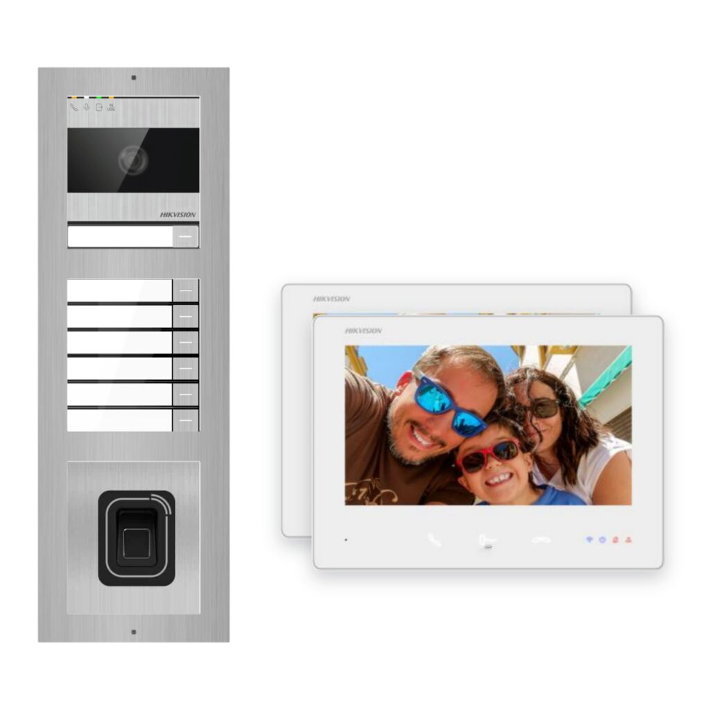 Hikvision 2-Draht-Bus Video-Türsprechanlage 2-Familienhaus – Komplett-Set mit Fingerprint, Aufputz