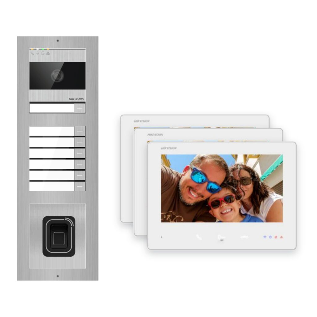 Hikvision 2-Draht-Bus Video-Türsprechanlage 3-Familienhaus – Komplett-Set mit Fingerprint, Aufputz