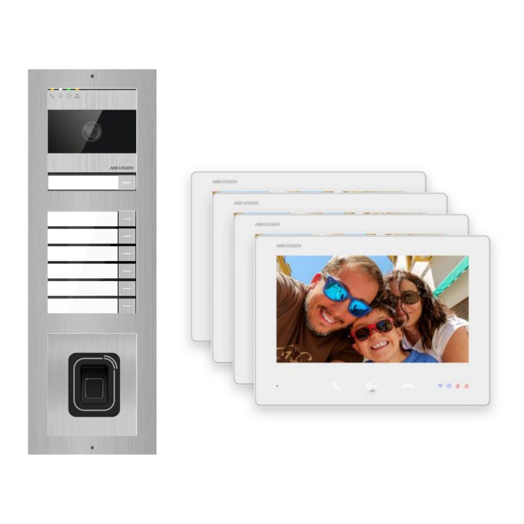 Hikvision 2-Draht-Bus Video-Türsprechanlage 4-Familienhaus – Komplett-Set mit Fingerprint, Aufputz