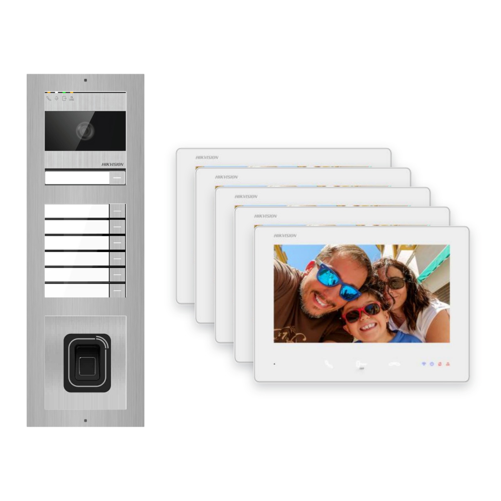 2-Draht-Bus Video-Türsprechanlage Set · 3-Modul Aufputz Edelstahl · Klingel + Fingerprint · 5× Monitor 2-Draht-Bus Video-Türsprechanlage Set · 3-Modul Aufputz Edelstahl · Klingel + Fingerprint · 5× Monitor – Türstation, Innenstation und Smartphone-App
