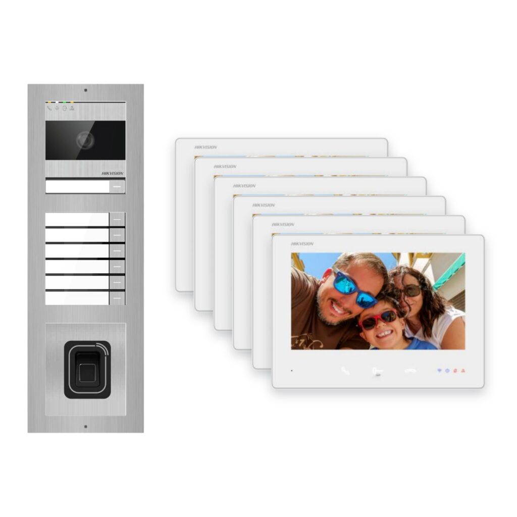 Hikvision 2-Draht-Bus Video-Türsprechanlage 6-Familienhaus – Komplett-Set mit Fingerprint, Aufputz