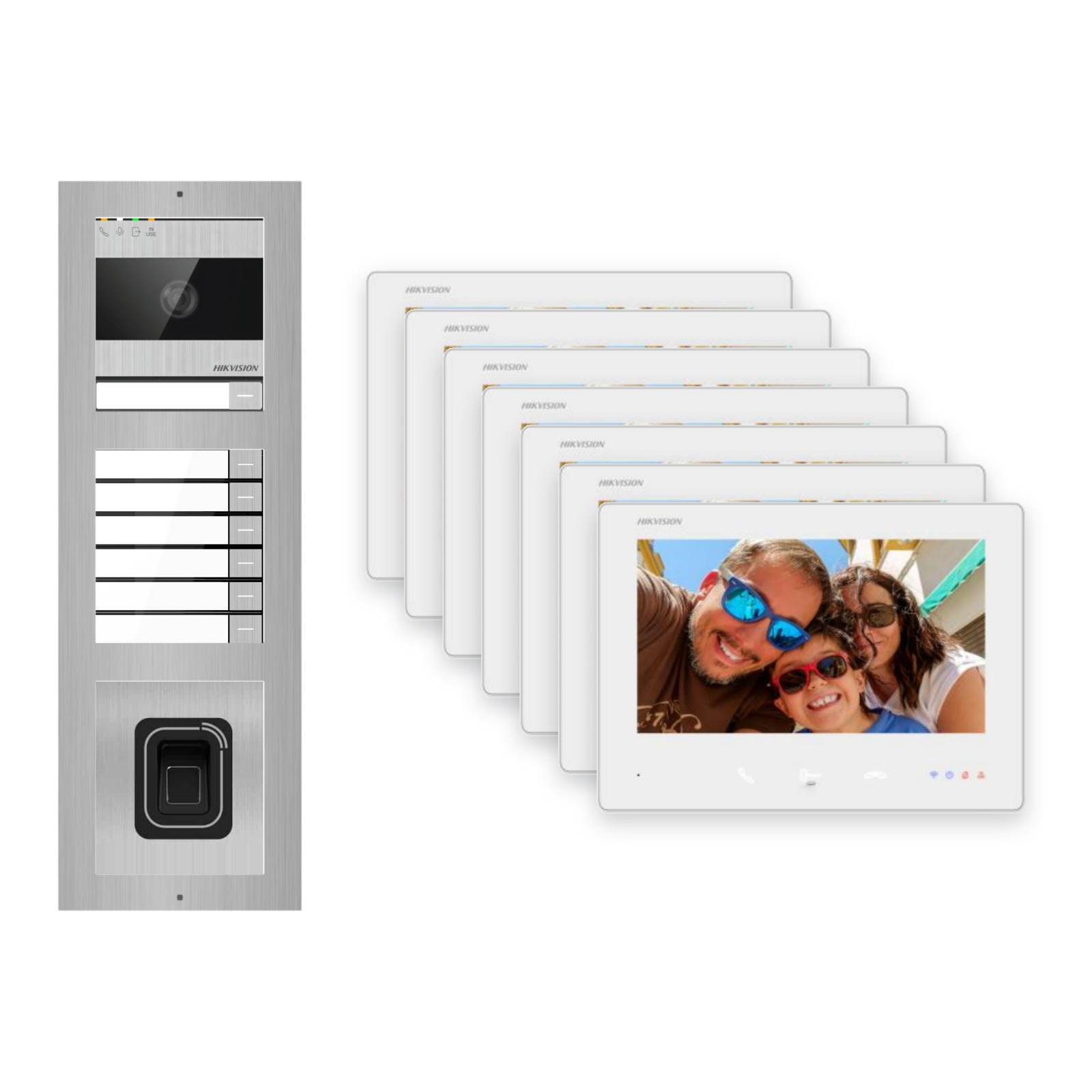 2-Draht-Bus Video-Türsprechanlage Set · 3-Modul Aufputz Edelstahl · Klingel + Fingerprint · 7× Monitor 2-Draht-Bus Video-Türsprechanlage Set · 3-Modul Aufputz Edelstahl · Klingel + Fingerprint · 7× Monitor – Türstation, Innenstation und Smartphone-App