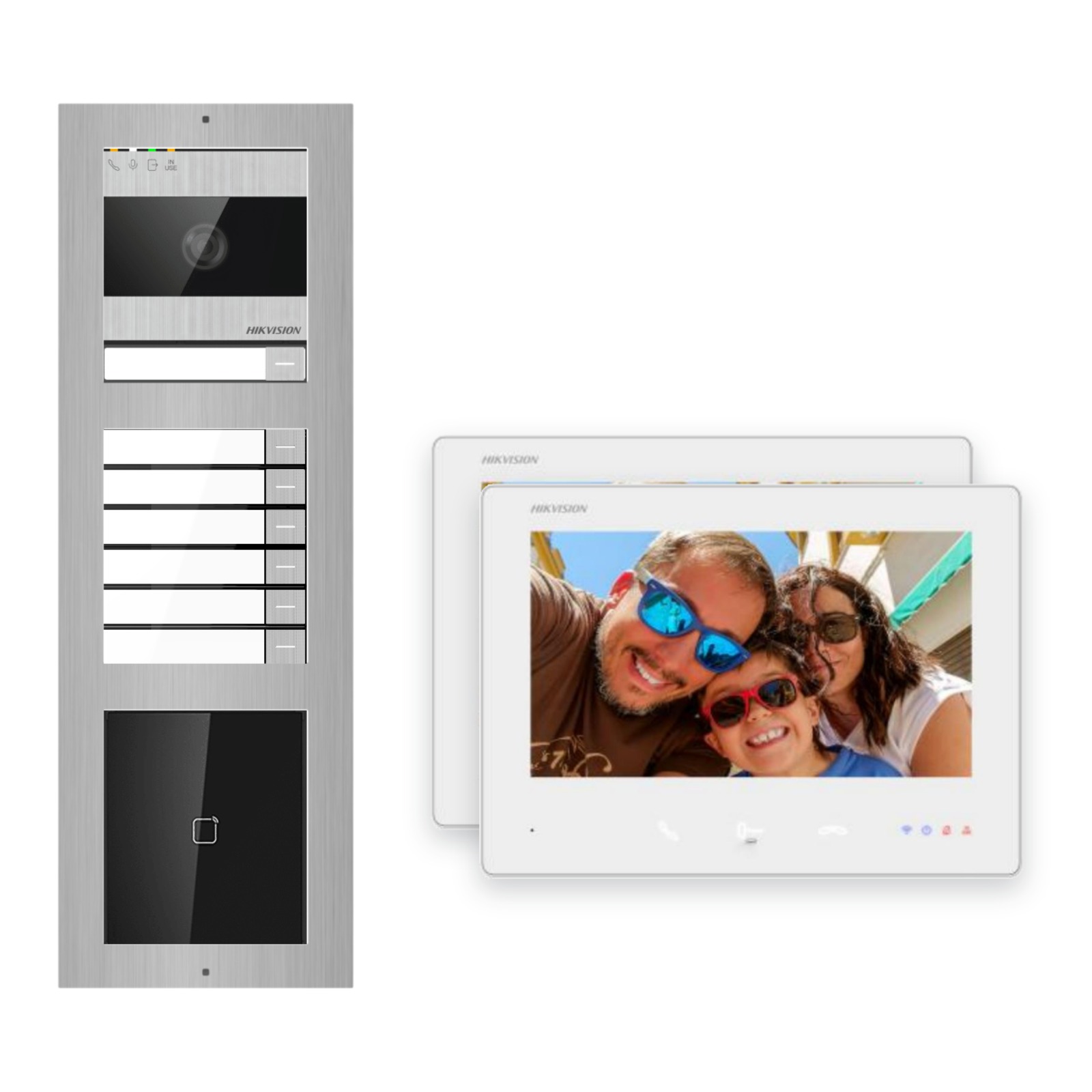 2-Draht-Bus Video-Türsprechanlage Set · 3-Modul Aufputz Edelstahl · Klingel + Kartenleser · 2× Monitor – Türstation, Innenstation und Smartphone-App