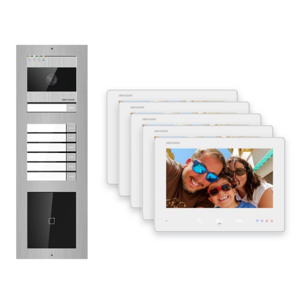 Hikvision 2-Draht-Bus Video-Türsprechanlage 5-Familienhaus – Komplett-Set mit Touch-Display, Aufputz