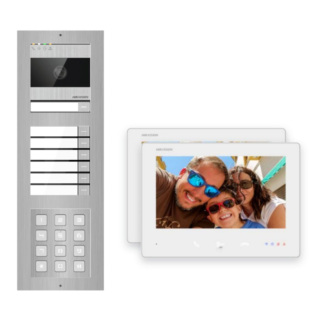 Hikvision 2-Draht-Bus Video-Türsprechanlage 2-Familienhaus – Komplett-Set mit Zahlencode, Aufputz