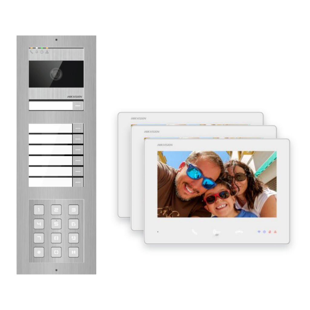 Hikvision 2-Draht-Bus Video-Türsprechanlage 3-Familienhaus – Komplett-Set mit Zahlencode, Aufputz