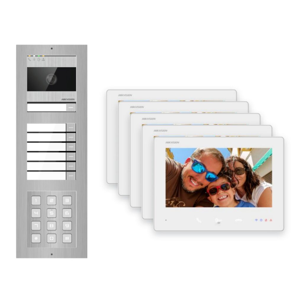 Hikvision 2-Draht-Bus Video-Türsprechanlage 5-Familienhaus – Komplett-Set mit Zahlencode, Aufputz