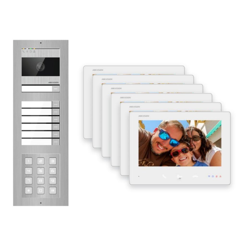 Hikvision 2-Draht-Bus Video-Türsprechanlage 6-Familienhaus – Komplett-Set mit Zahlencode, Aufputz
