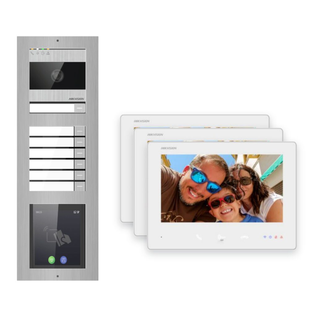 Hikvision 2-Draht-Bus Video-Türsprechanlage 3-Familienhaus – Komplett-Set mit Touch-Display, Aufputz