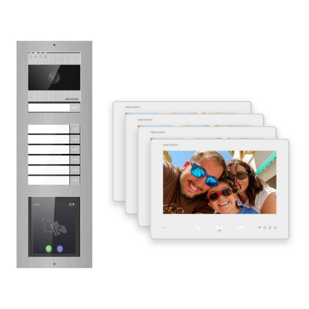 Hikvision 2-Draht-Bus Video-Türsprechanlage 4-Familienhaus – Komplett-Set mit Touch-Display, Aufputz