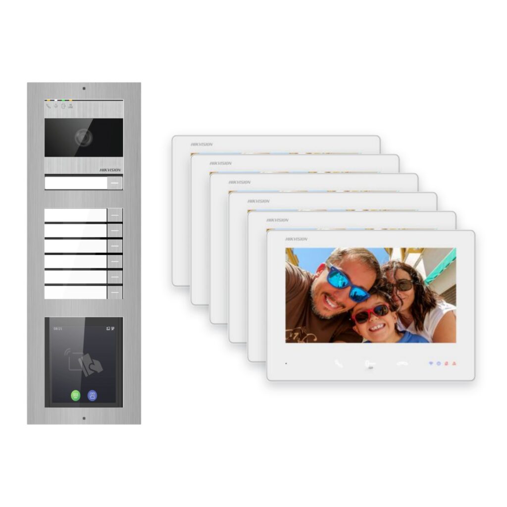 Hikvision 2-Draht-Bus Video-Türsprechanlage 6-Familienhaus – Komplett-Set mit Touch-Display, Aufputz
