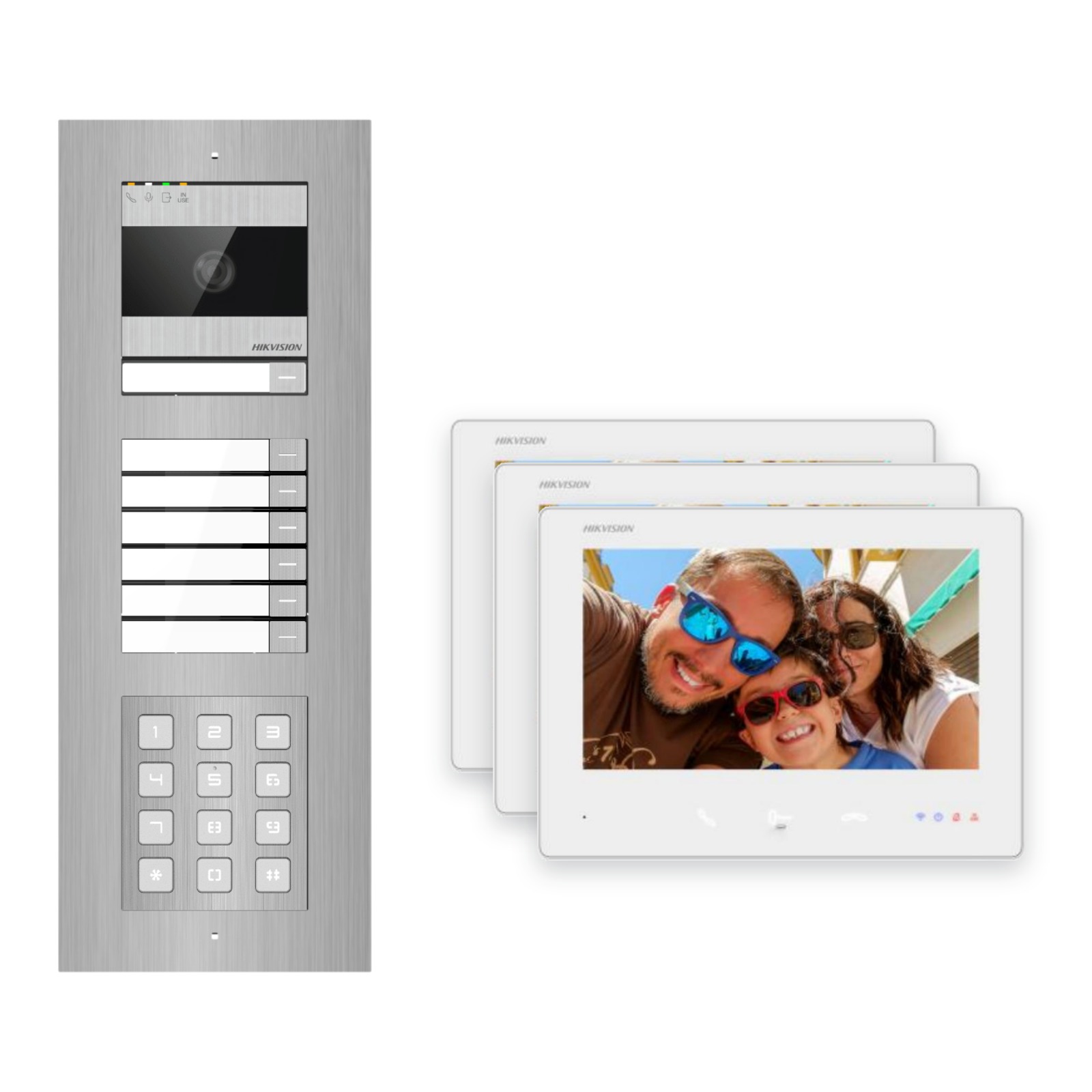 Hikvision 2-Draht-Bus Video-Türsprechanlage 3-Familienhaus – Komplett-Set mit Zahlencode, Unterputz Hikvision 2-Draht-Bus Video-Türsprechanlage 3-Familienhaus – Komplett-Set mit Zahlencode, Unterputz – Türstation und Innenstation