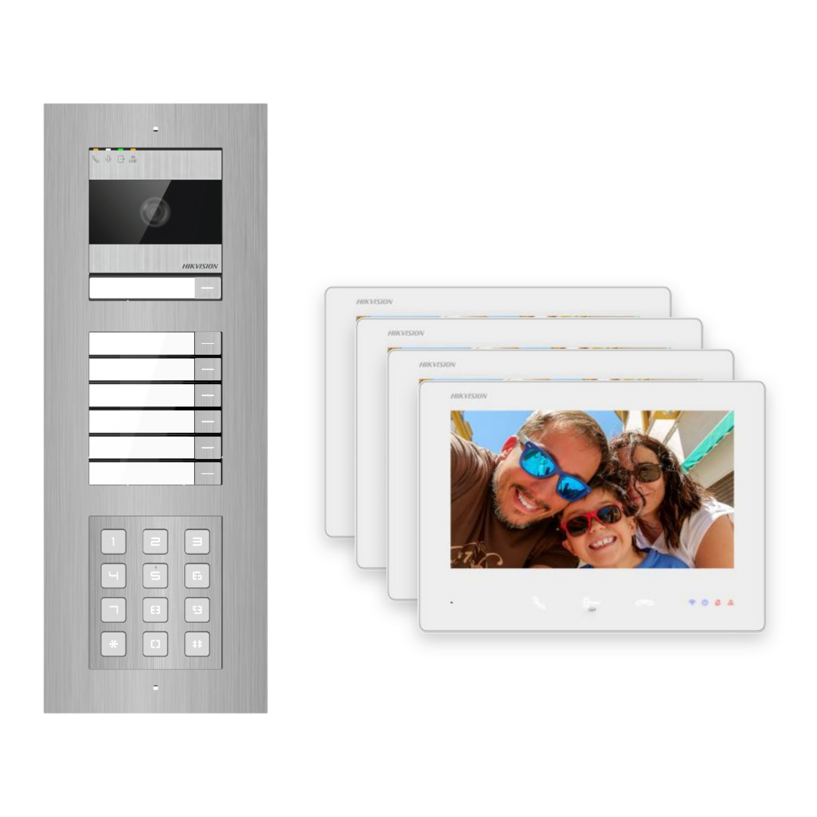 Hikvision 2-Draht-Bus Video-Türsprechanlage 4-Familienhaus – Komplett-Set mit Zahlencode, Unterputz Hikvision 2-Draht-Bus Video-Türsprechanlage 4-Familienhaus – Komplett-Set mit Zahlencode, Unterputz – Türstation und Innenstation