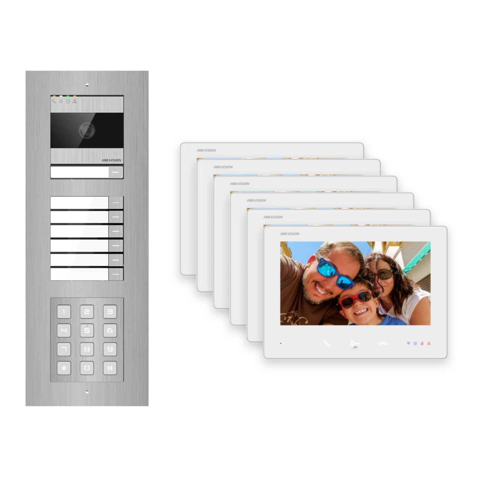 Hikvision 2-Draht-Bus Video-Türsprechanlage 6-Familienhaus – Komplett-Set mit Zahlencode, Unterputz Hikvision 2-Draht-Bus Video-Türsprechanlage 6-Familienhaus – Komplett-Set mit Zahlencode, Unterputz – Türstation und Innenstation