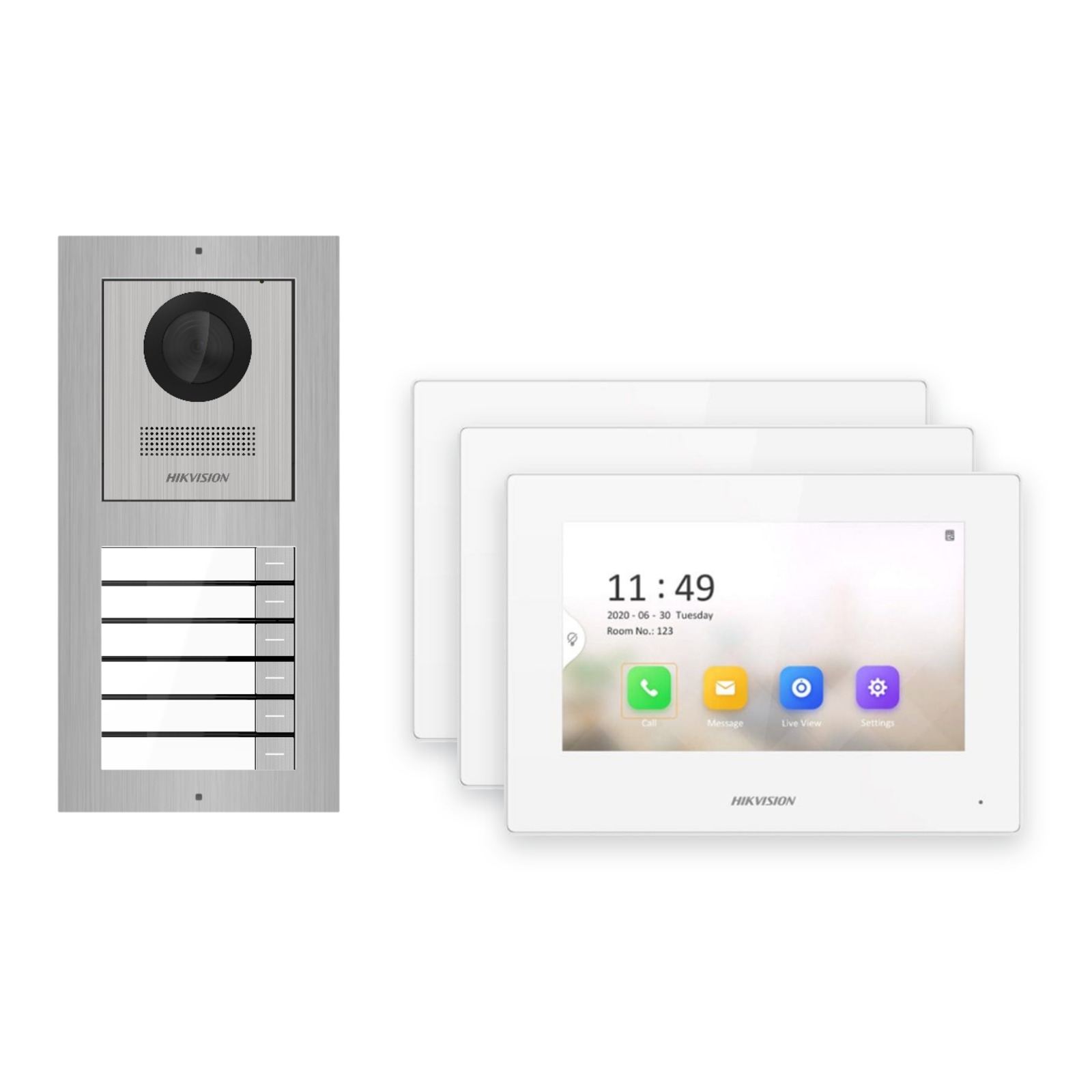 Hikvision 2-Draht-IP Video-Türsprechanlage 3-Familienhaus – Komplett-Set Edelstahl, Monitor weiss Hikvision 2-Draht-IP Video-Türsprechanlage 3-Familienhaus – Komplett-Set Edelstahl, Monitor weiss – Türstation und Innenstation
