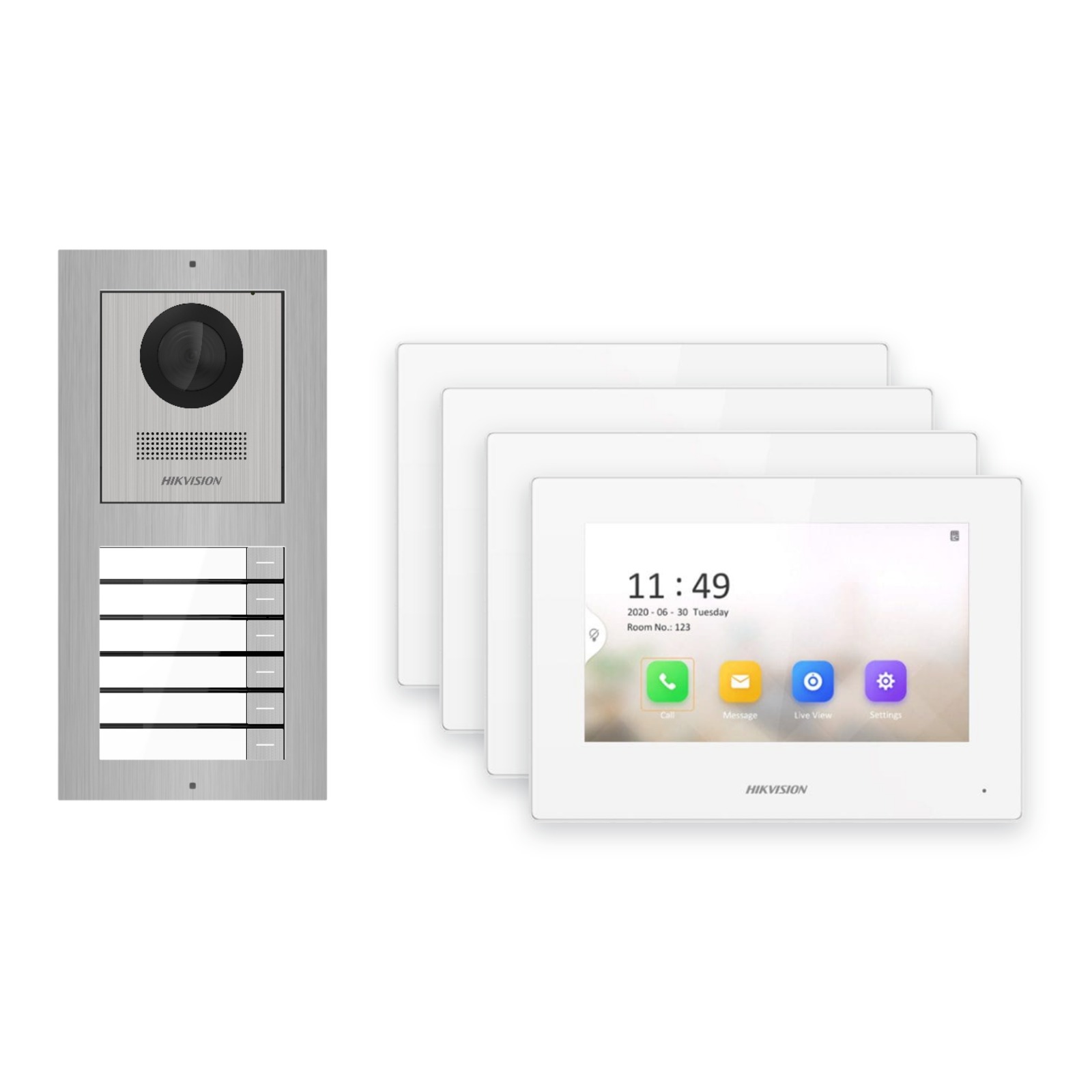 Hikvision 2-Draht-IP Video-Türsprechanlage 4-Familienhaus – Komplett-Set Edelstahl, Monitor weiss Hikvision 2-Draht-IP Video-Türsprechanlage 4-Familienhaus – Komplett-Set Edelstahl, Monitor weiss – Türstation und Innenstation