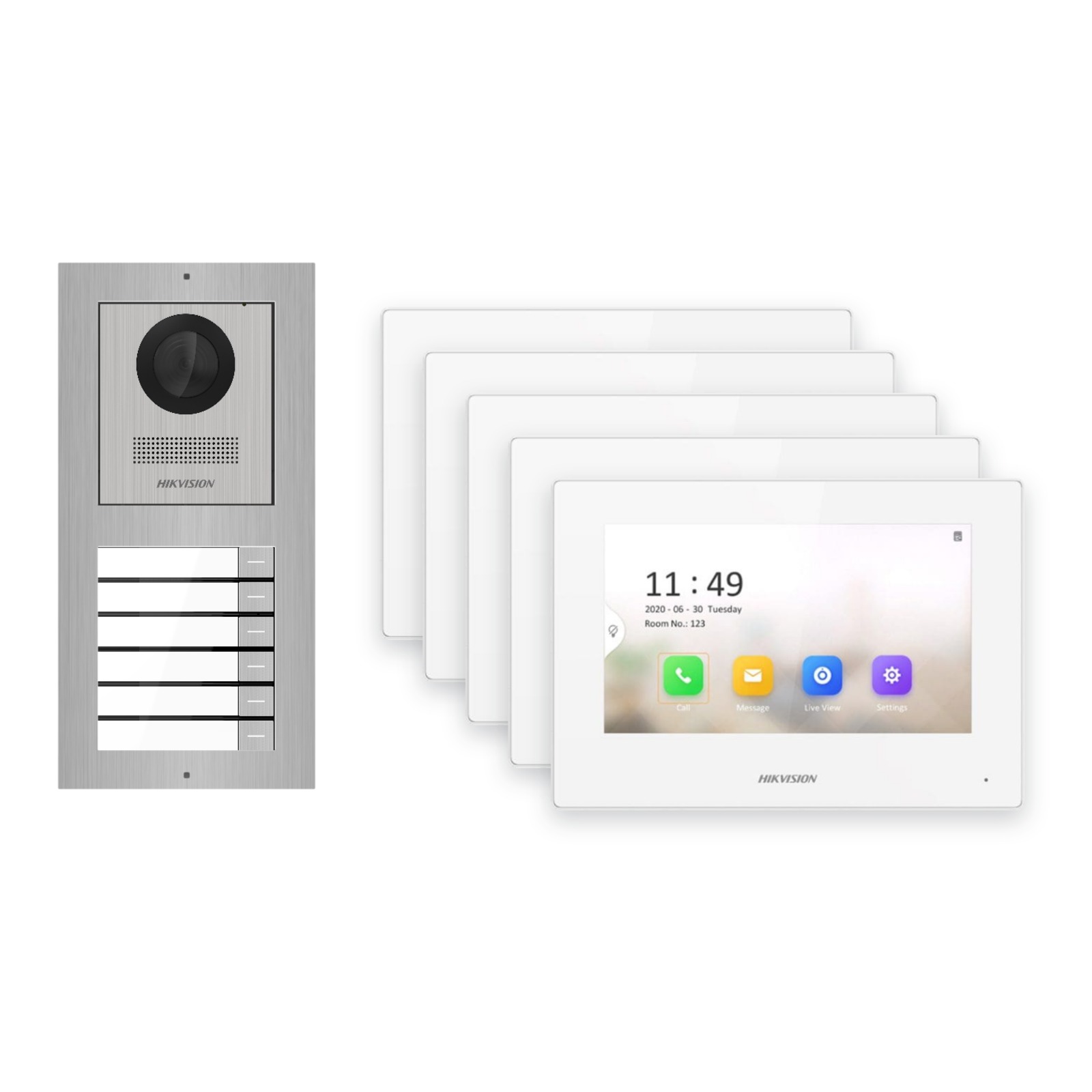 Hikvision 2-Draht-IP Video-Türsprechanlage 5-Familienhaus – Komplett-Set Edelstahl, Monitor weiss Hikvision 2-Draht-IP Video-Türsprechanlage 5-Familienhaus – Komplett-Set Edelstahl, Monitor weiss – Türstation und Innenstation