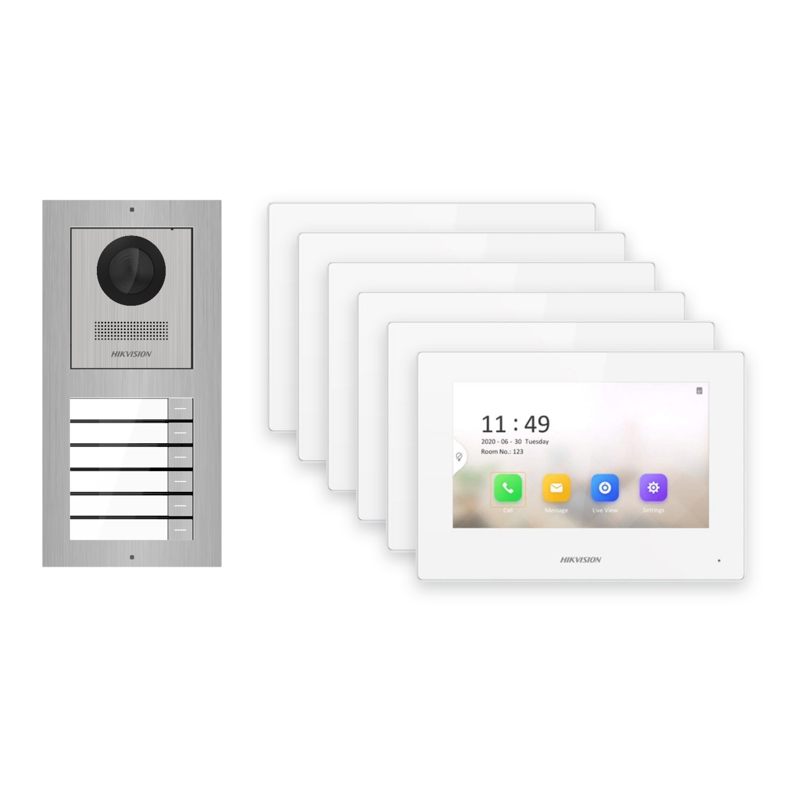 Hikvision 2-Draht-IP Video-Türsprechanlage 6-Familienhaus – Komplett-Set Edelstahl, Monitor weiss Hikvision 2-Draht-IP Video-Türsprechanlage 6-Familienhaus – Komplett-Set Edelstahl, Monitor weiss – Türstation und Innenstation