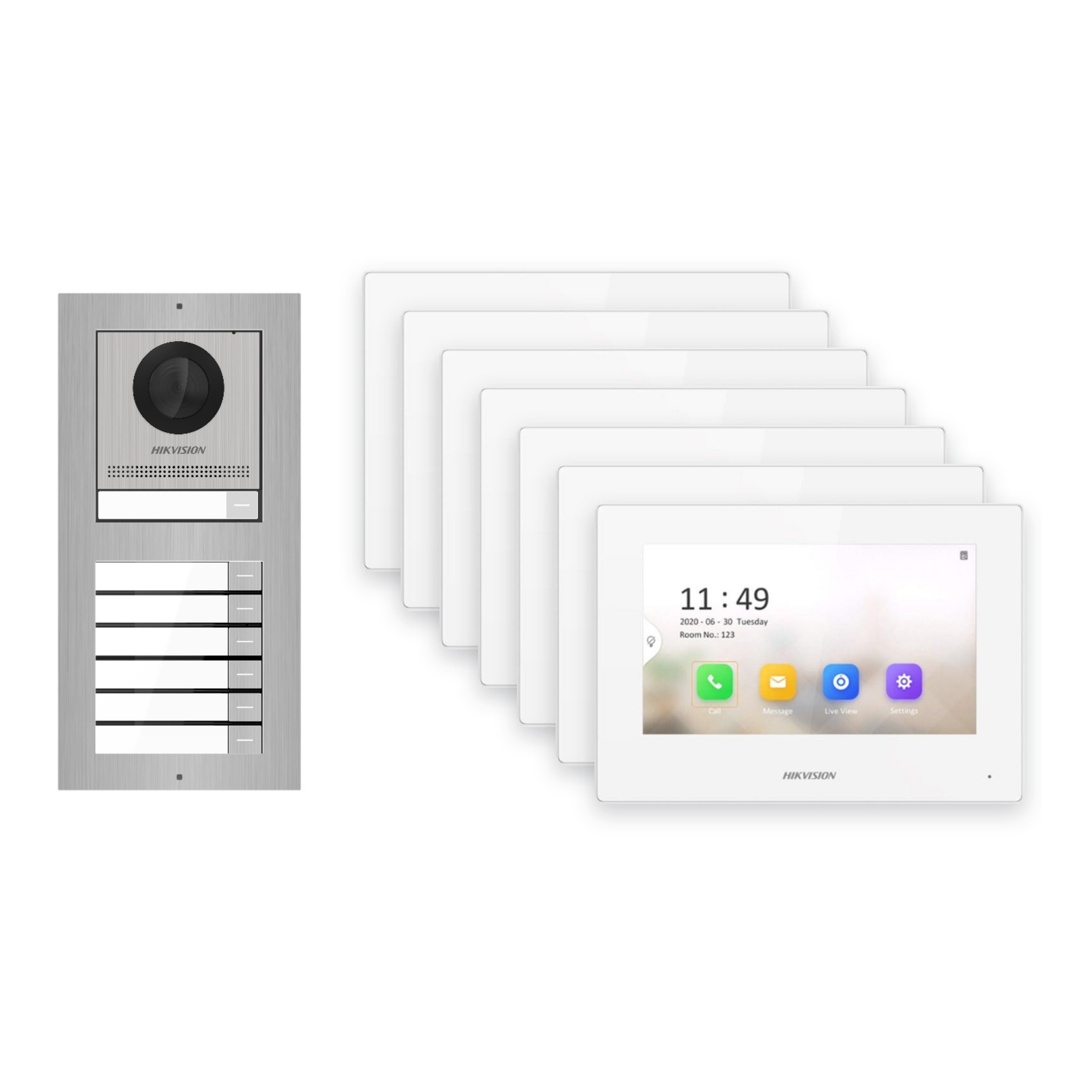 Hikvision 2-Draht-IP Video-Türsprechanlage 7-Familienhaus – Komplett-Set Edelstahl, Monitor weiss Hikvision 2-Draht-IP Video-Türsprechanlage 7-Familienhaus – Komplett-Set Edelstahl, Monitor weiss – Türstation und Innenstation