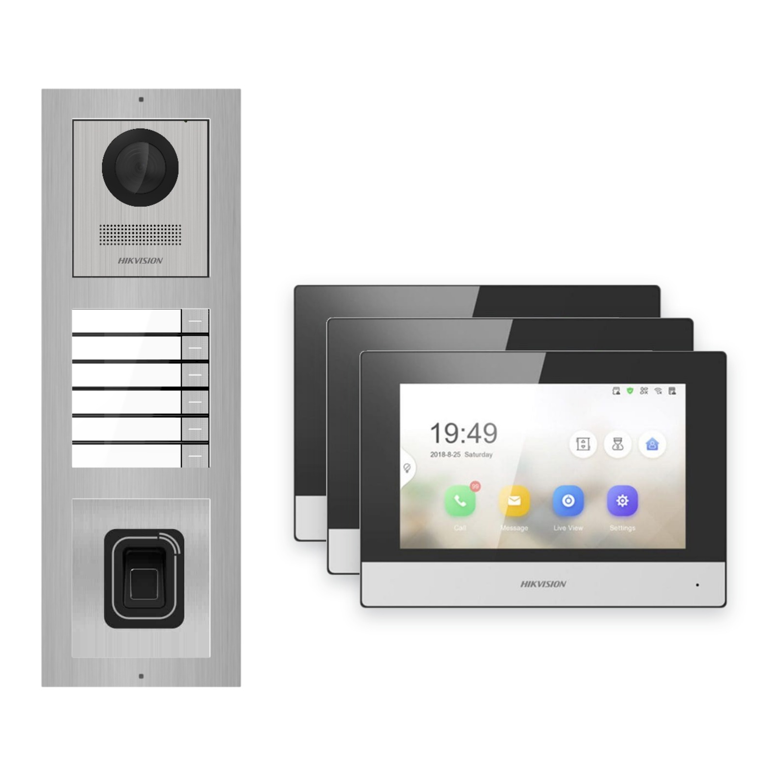 Hikvision 2-Draht-IP Video-Türsprechanlage 3-Familienhaus – Komplett-Set mit Fingerprint, Monitor schwarz Hikvision 2-Draht-IP Video-Türsprechanlage 3-Familienhaus – Komplett-Set mit Fingerprint, Monitor schwarz – Türstation und Innenstation