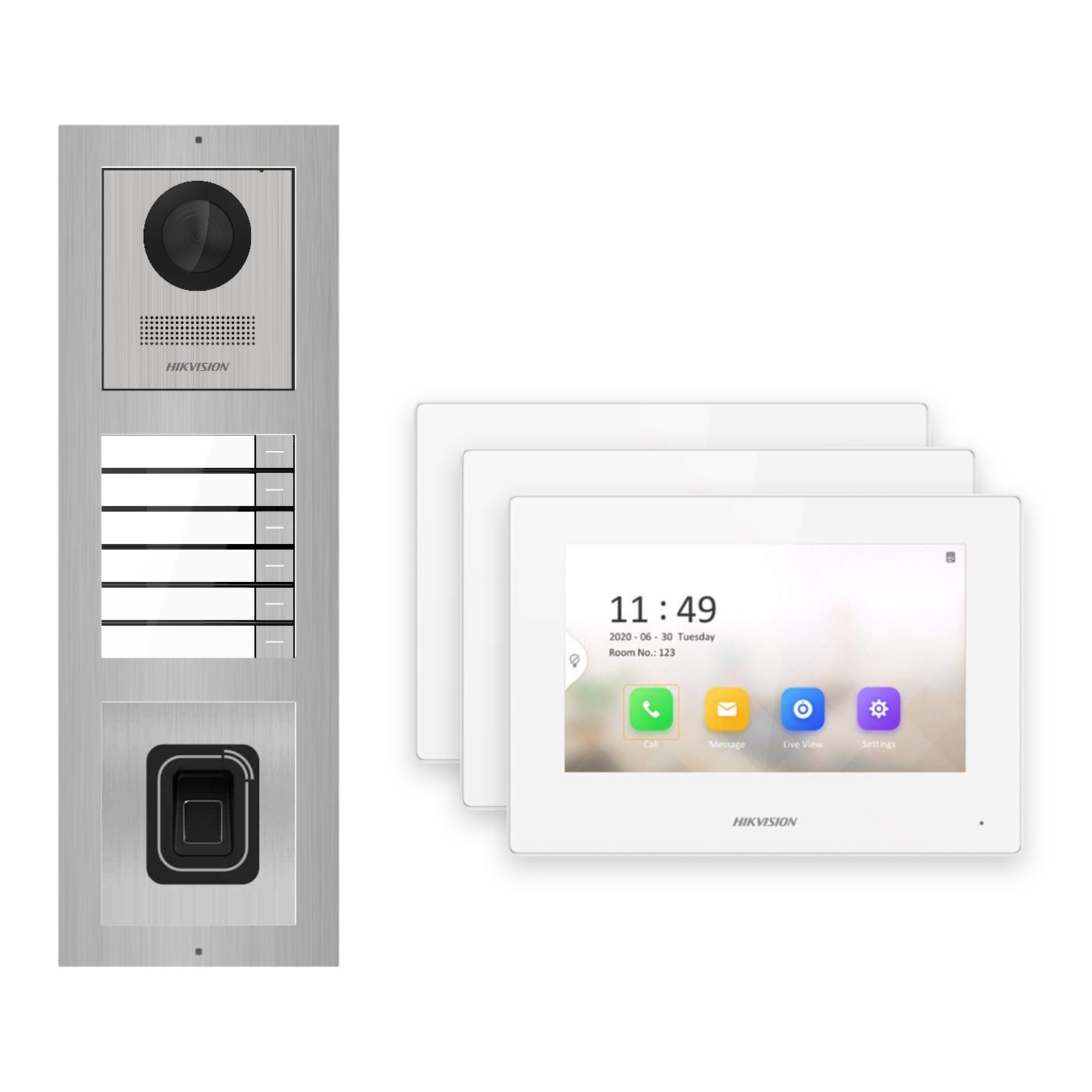 Hikvision 2-Draht-IP Video-Türsprechanlage 3-Familienhaus – Komplett-Set mit Fingerprint, Monitor weiss Hikvision 2-Draht-IP Video-Türsprechanlage 3-Familienhaus – Komplett-Set mit Fingerprint, Monitor weiss – Türstation und Innenstation