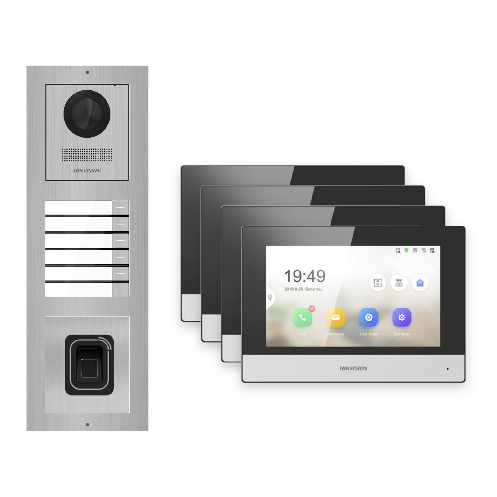 Hikvision 2-Draht-IP Video-Türsprechanlage 4-Familienhaus – Komplett-Set mit Fingerprint, Monitor schwarz Hikvision 2-Draht-IP Video-Türsprechanlage 4-Familienhaus – Komplett-Set mit Fingerprint, Monitor schwarz – Türstation und Innenstation