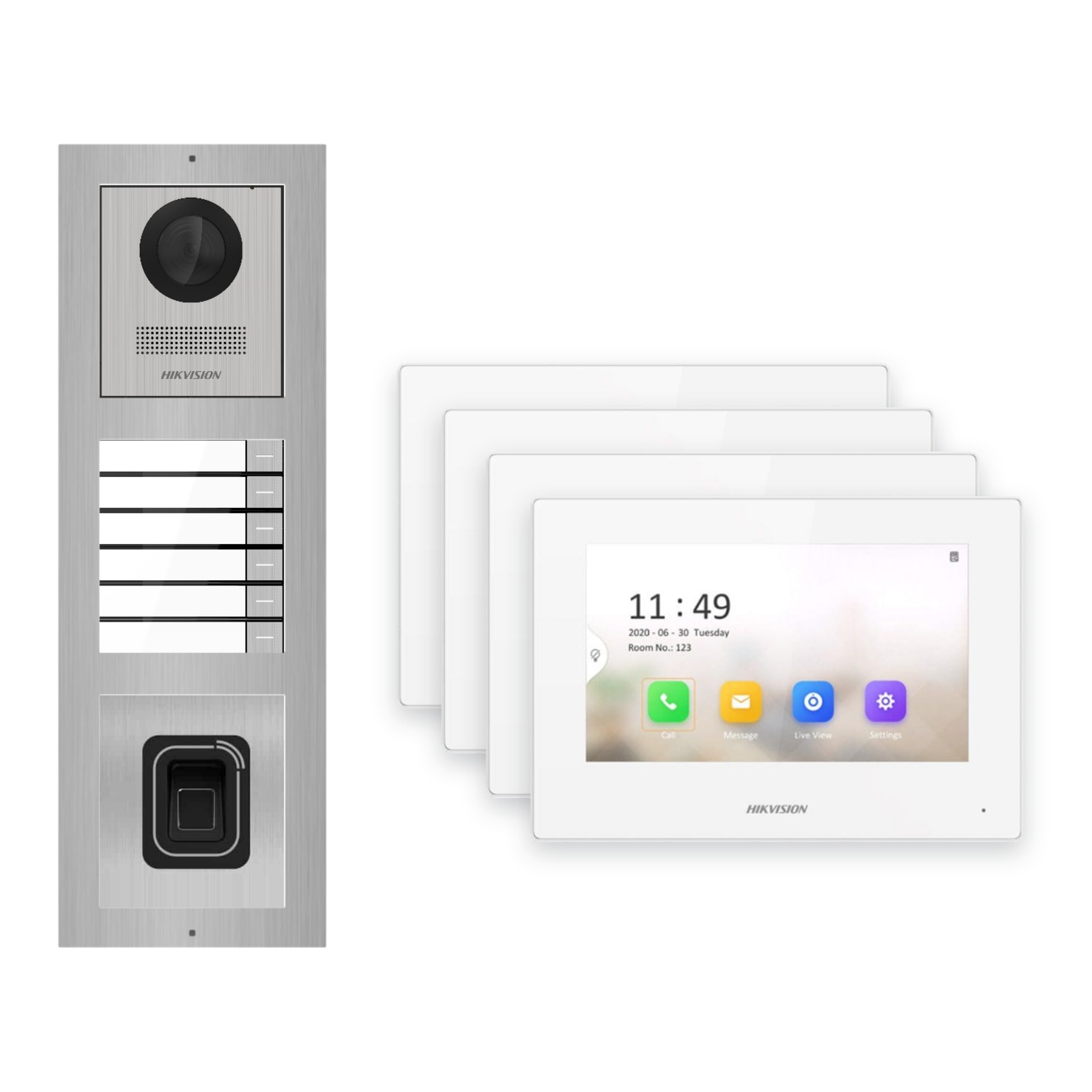 Hikvision 2-Draht-IP Video-Türsprechanlage 4-Familienhaus – Komplett-Set mit Fingerprint, Monitor weiss Hikvision 2-Draht-IP Video-Türsprechanlage 4-Familienhaus – Komplett-Set mit Fingerprint, Monitor weiss – Türstation und Innenstation
