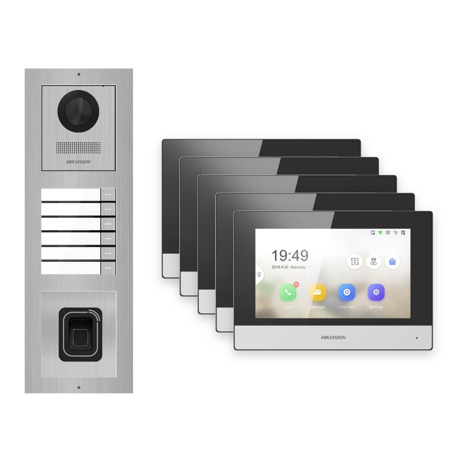 Hikvision 2-Draht-IP Video-Türsprechanlage 5-Familienhaus – Komplett-Set mit Fingerprint, Monitor schwarz Hikvision 2-Draht-IP Video-Türsprechanlage 5-Familienhaus – Komplett-Set mit Fingerprint, Monitor schwarz – Türstation und Innenstation