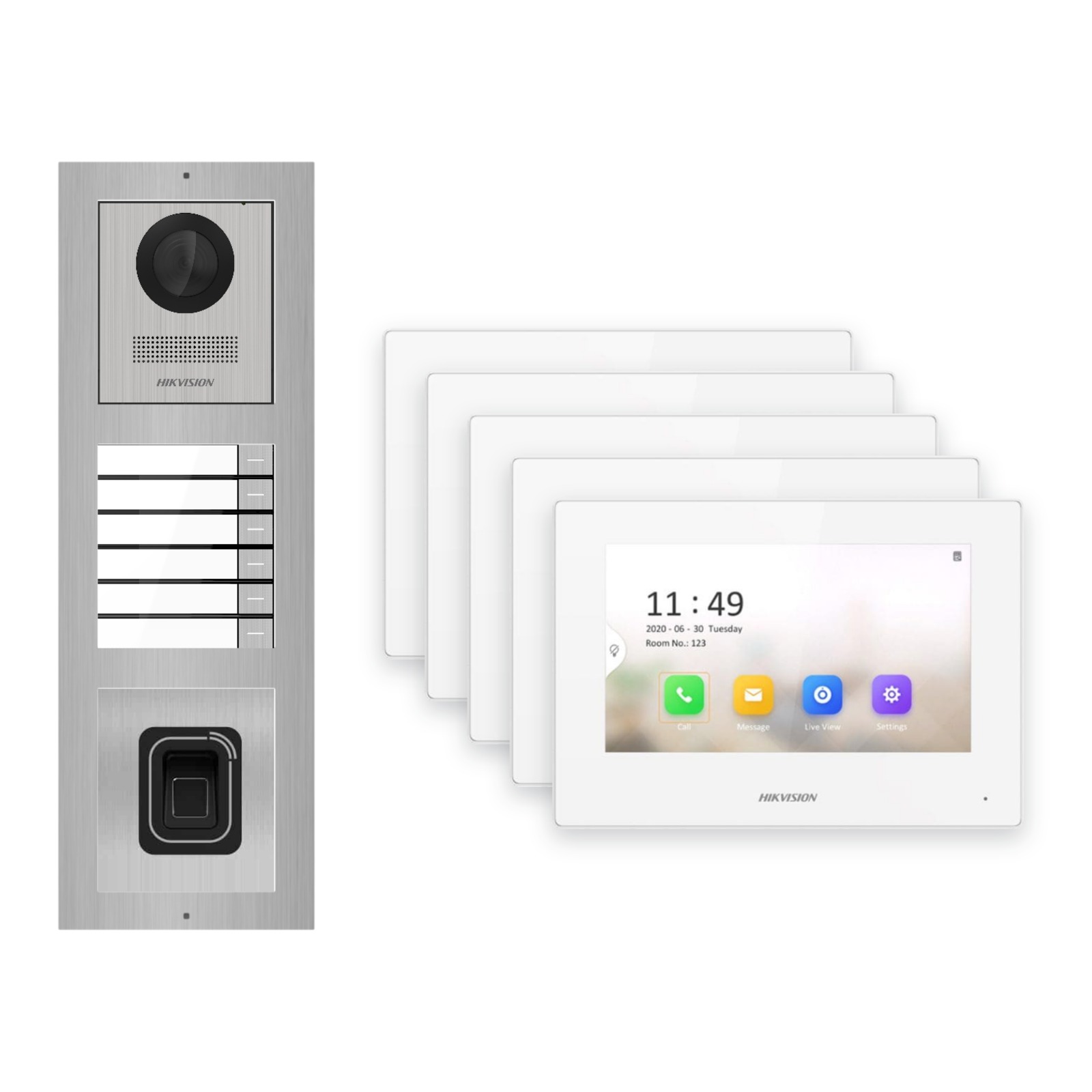 Hikvision 2-Draht-IP Video-Türsprechanlage 5-Familienhaus – Komplett-Set mit Fingerprint, Monitor weiss Hikvision 2-Draht-IP Video-Türsprechanlage 5-Familienhaus – Komplett-Set mit Fingerprint, Monitor weiss – Türstation und Innenstation
