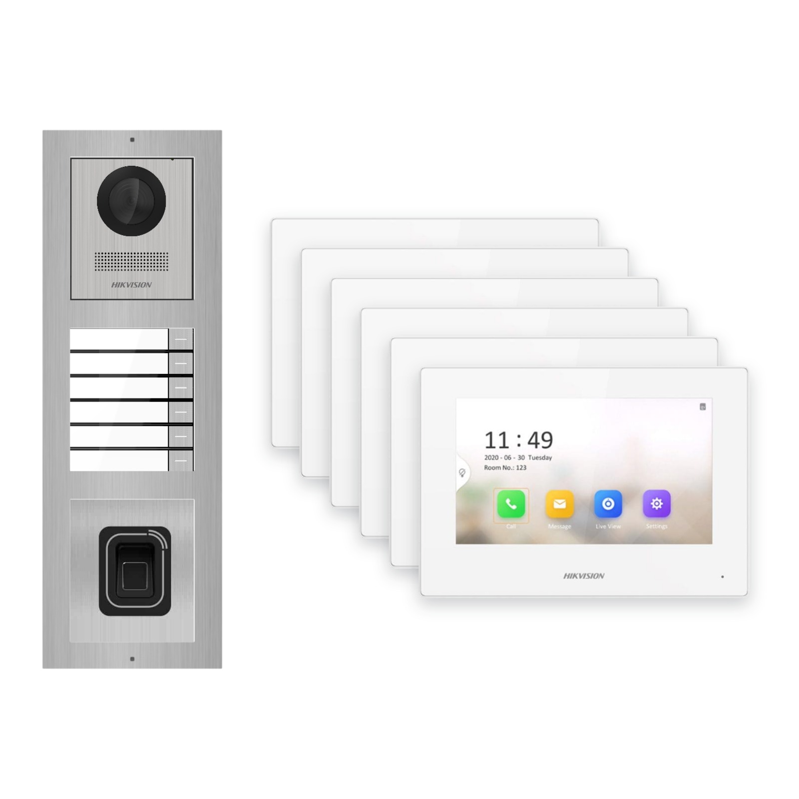 Hikvision 2-Draht-IP Video-Türsprechanlage 6-Familienhaus – Komplett-Set mit Fingerprint, Monitor weiss Hikvision 2-Draht-IP Video-Türsprechanlage 6-Familienhaus – Komplett-Set mit Fingerprint, Monitor weiss – Türstation und Innenstation