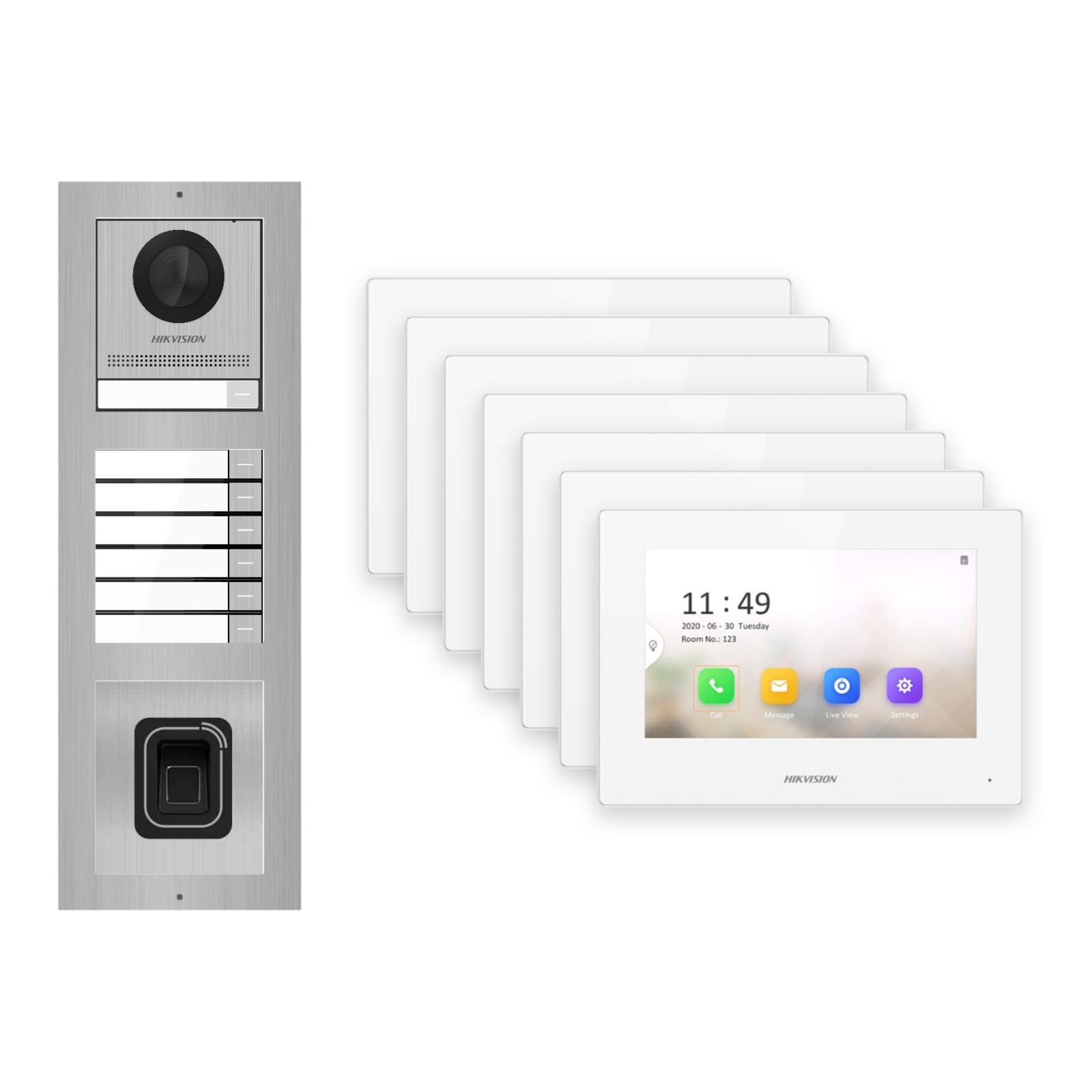 Hikvision 2-Draht-IP Video-Türsprechanlage 7-Familienhaus – Komplett-Set mit Fingerprint, Monitor weiss Hikvision 2-Draht-IP Video-Türsprechanlage 7-Familienhaus – Komplett-Set mit Fingerprint, Monitor weiss – Türstation und Innenstation