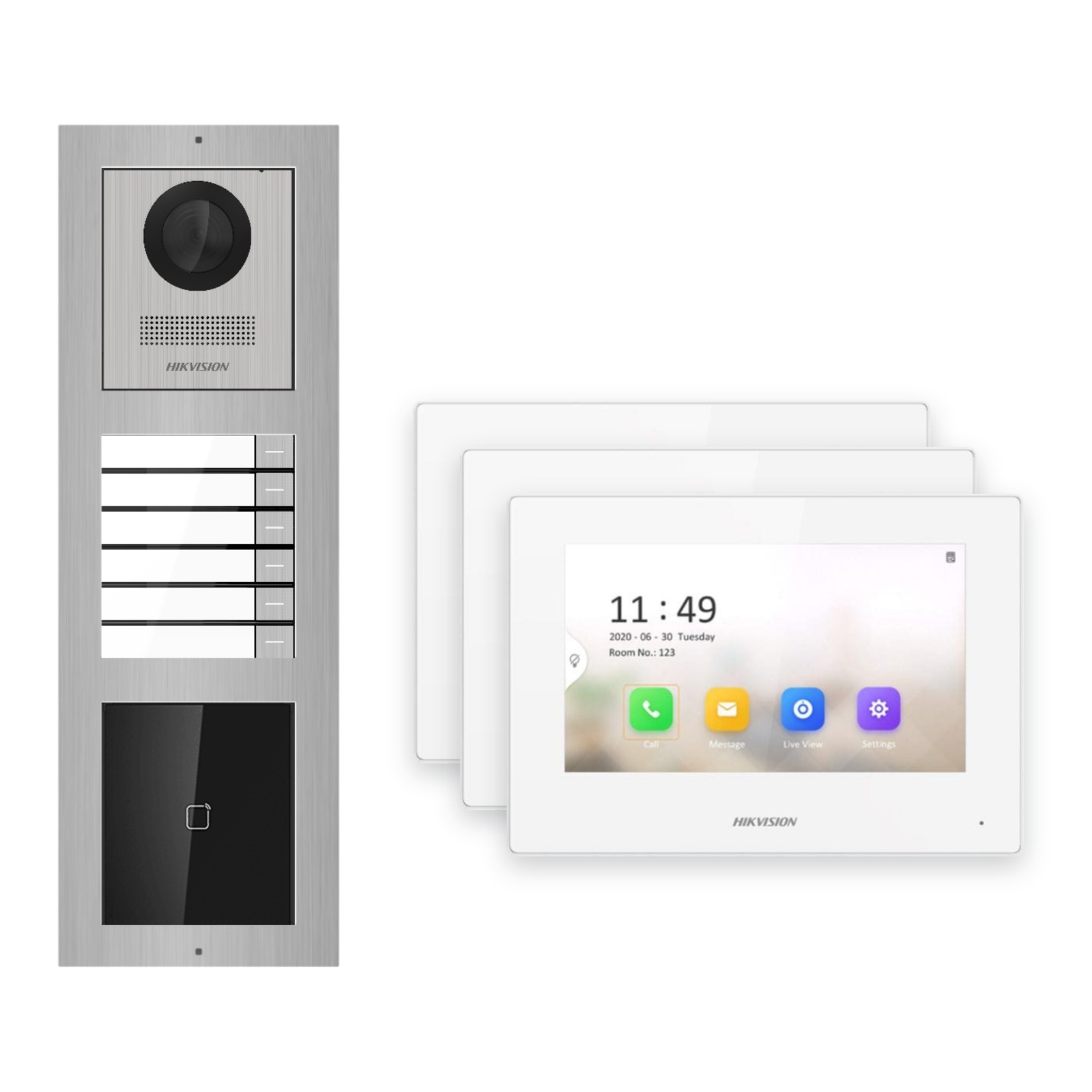 Hikvision 2-Draht-IP Video-Türsprechanlage 3-Familienhaus – Komplett-Set mit Kartenleser, Monitor weiss Hikvision 2-Draht-IP Video-Türsprechanlage 3-Familienhaus – Komplett-Set mit Kartenleser, Monitor weiss – Türstation und Innenstation
