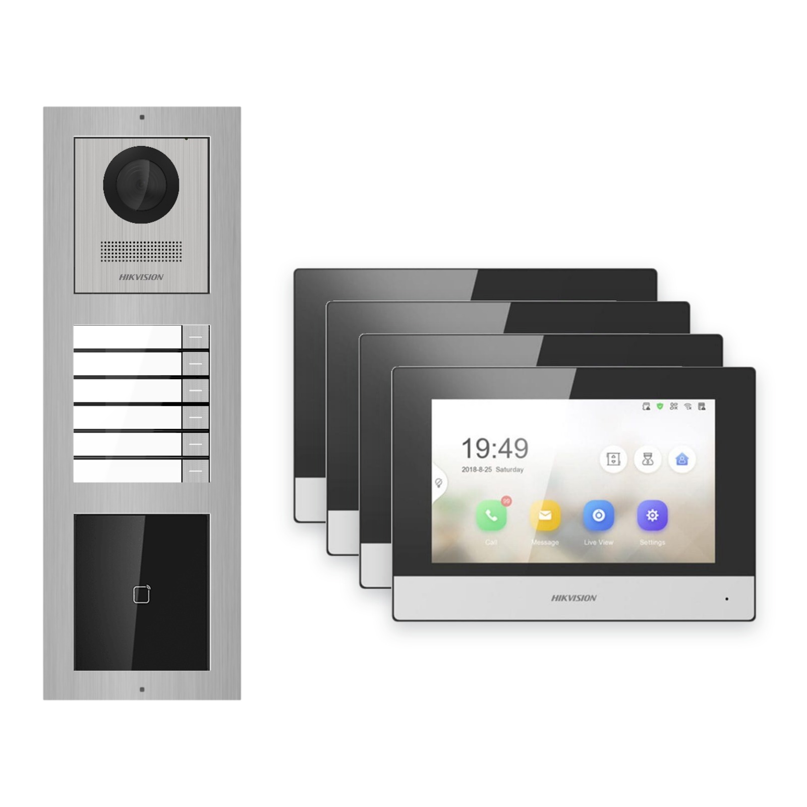 Hikvision 2-Draht-IP Video-Türsprechanlage 4-Familienhaus – Komplett-Set mit Kartenleser, Monitor schwarz Hikvision 2-Draht-IP Video-Türsprechanlage 4-Familienhaus – Komplett-Set mit Kartenleser, Monitor schwarz – Türstation und Innenstation