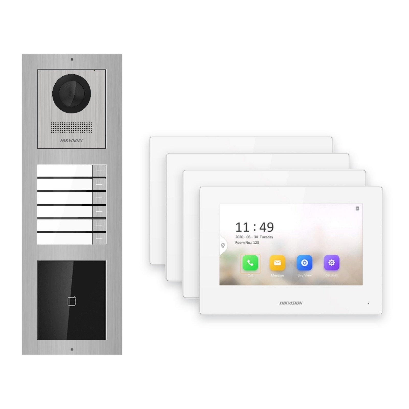 Hikvision 2-Draht-IP Video-Türsprechanlage 4-Familienhaus – Komplett-Set mit Kartenleser, Monitor weiss Hikvision 2-Draht-IP Video-Türsprechanlage 4-Familienhaus – Komplett-Set mit Kartenleser, Monitor weiss – Türstation und Innenstation