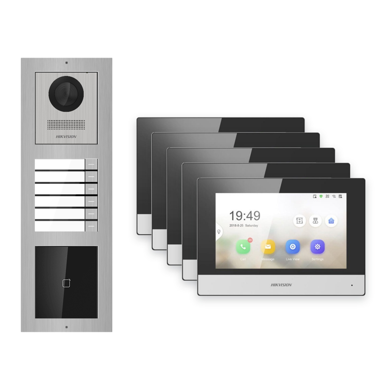 Hikvision 2-Draht-IP Video-Türsprechanlage 5-Familienhaus – Komplett-Set mit Kartenleser, Monitor schwarz Hikvision 2-Draht-IP Video-Türsprechanlage 5-Familienhaus – Komplett-Set mit Kartenleser, Monitor schwarz – Türstation und Innenstation