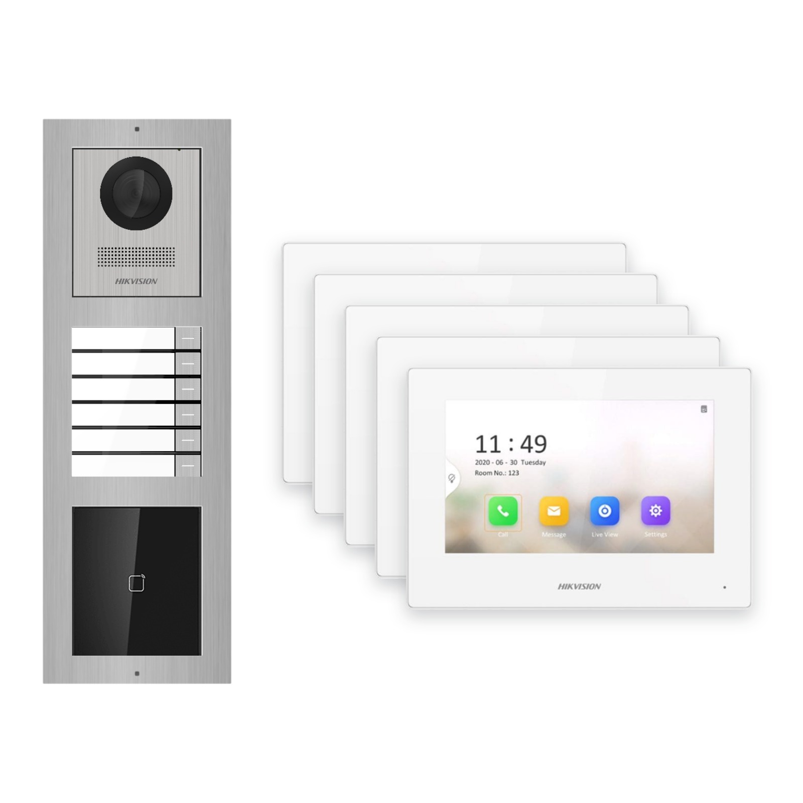 Hikvision 2-Draht-IP Video-Türsprechanlage 5-Familienhaus – Komplett-Set mit Kartenleser, Monitor weiss Hikvision 2-Draht-IP Video-Türsprechanlage 5-Familienhaus – Komplett-Set mit Kartenleser, Monitor weiss – Türstation und Innenstation