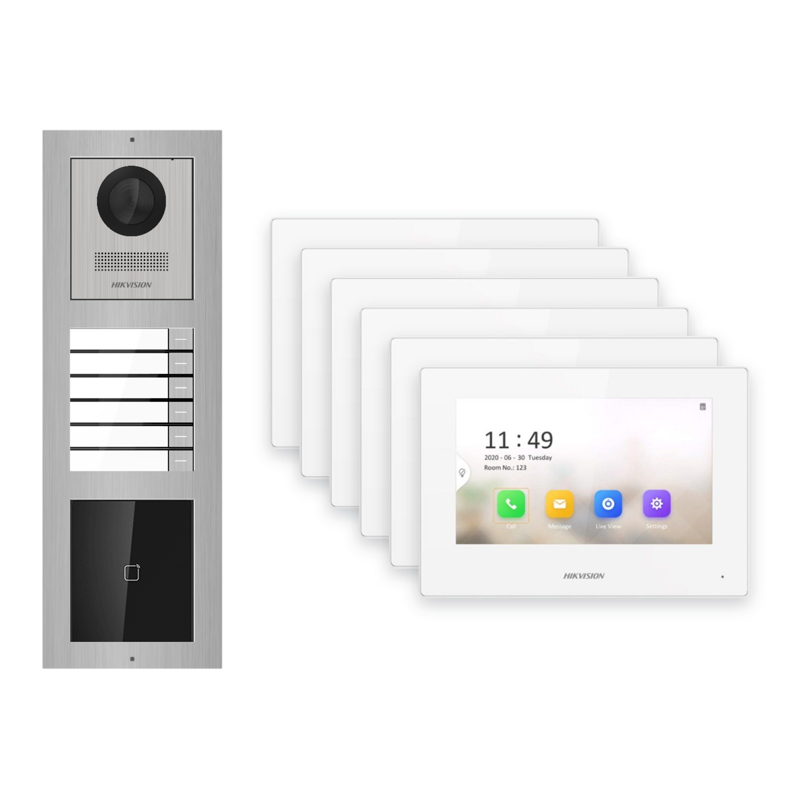 Hikvision 2-Draht-IP Video-Türsprechanlage 6-Familienhaus – Komplett-Set mit Kartenleser, Monitor weiss Hikvision 2-Draht-IP Video-Türsprechanlage 6-Familienhaus – Komplett-Set mit Kartenleser, Monitor weiss – Türstation und Innenstation