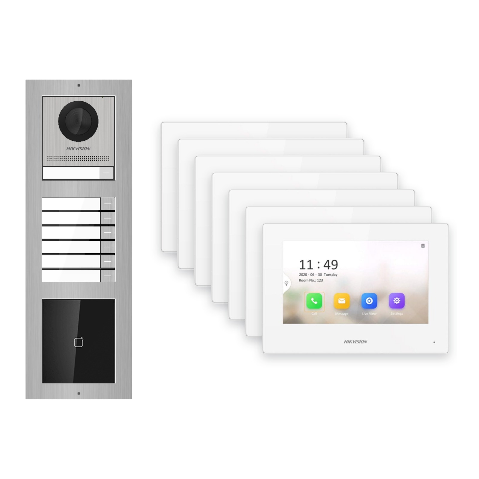 Hikvision 2-Draht-IP Video-Türsprechanlage 7-Familienhaus – Komplett-Set mit Kartenleser, Monitor weiss Hikvision 2-Draht-IP Video-Türsprechanlage 7-Familienhaus – Komplett-Set mit Kartenleser, Monitor weiss – Türstation und Innenstation