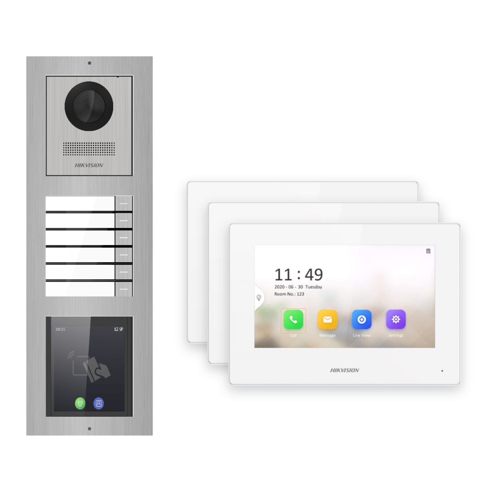 Hikvision 2-Draht-IP Video-Türsprechanlage 3-Familienhaus – Komplett-Set mit Touch-Display, Monitor weiss Hikvision 2-Draht-IP Video-Türsprechanlage 3-Familienhaus – Komplett-Set mit Touch-Display, Monitor weiss – Türstation und Innenstation