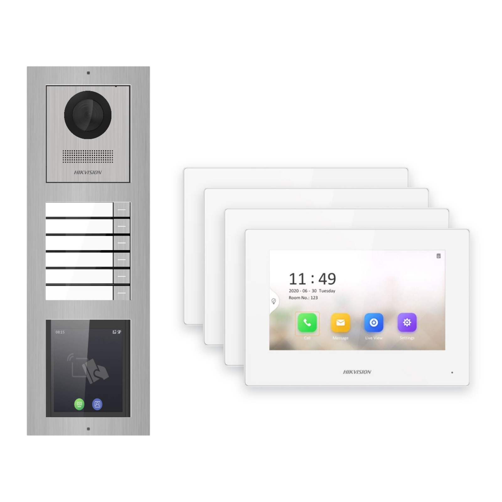 Hikvision 2-Draht-IP Video-Türsprechanlage 4-Familienhaus – Komplett-Set mit Touch-Display, Monitor weiss Hikvision 2-Draht-IP Video-Türsprechanlage 4-Familienhaus – Komplett-Set mit Touch-Display, Monitor weiss – Türstation und Innenstation